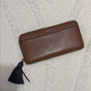 Fossil Brown Pebbled Leather Zip Wallet with Black Tassel